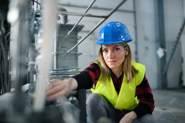 A portrait of female engineer working in industrial factory - HPIF00895