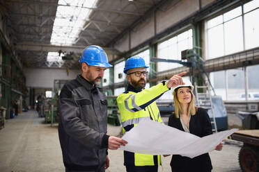 Ein leitender Angestellter, ein Ingenieur und ein Industriearbeiter in Uniform besprechen Blaupausen in einer großen Metallfabrikhalle. - HPIF00910