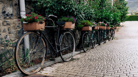 Fahrräder mit Blumenkörben auf nassem Pflaster in der Nähe einer Steinmauer mit üppigen Büschen an einem regnerischen Tag auf einer Stadtstraße abgestellt - ADSF40382