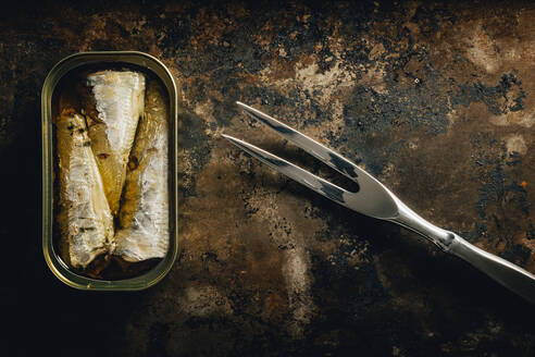 Top view of composition of canned sardines and fork placed against dark background - ADSF40408