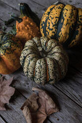 Assorted rustic pumpkins on dark wooden table - ADSF40786