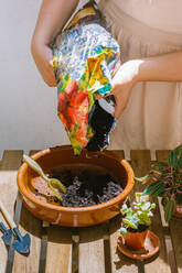 Unbekannte Gärtnerin in Schürze gießt Erde in eine Keramikschüssel, während sie an einem Holztisch mit verschiedenen Werkzeugen und Topfpflanzen im Sonnenlicht steht - ADSF41129