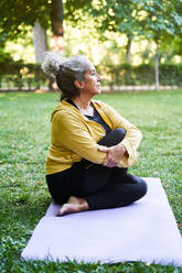 Barfuß ältere weibliche Verdrehung Körper beim Sitzen auf Matte und tun Yoga am Sommertag im Park - ADSF41420