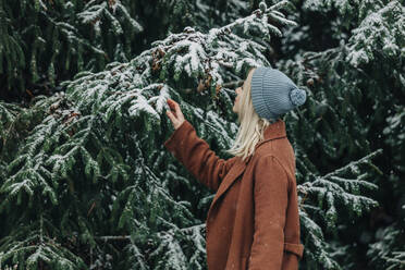 Woman wearing warm clothing looking at fir tree with snow in forest - VSNF00147