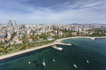 Aerial view of beach and park in Caddebostan district on the Marmara Sea coast of the Asian side of Istanbul, Turkey. - AAEF16764