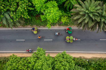 Luftaufnahme von Menschen mit Fahrrädern, die Früchte transportieren, Bandarban, Bangladesch. - AAEF16799