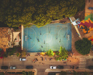 Aerial view of a soccer field in Sant Elm, on the island Mallorca, Isla Baleares, Spain. - AAEF16870