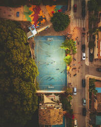 Aerial view of a soccer field in Sant Elm, on the island Mallorca, Isla Baleares, Spain. - AAEF16871