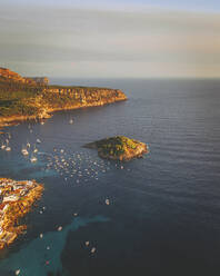 Aerial view of the island Pantaleu and the village Sant Elm, Mallorca, Isla Baleares, Spain. - AAEF16876