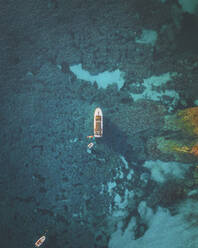 Aerial view of a yacht in Sant Elm, Mallorca, Isla Baleares, Spain. - AAEF16878