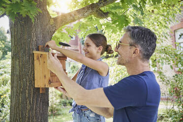 Happy man with daughter hanging nest box on tree trunk in garden - RORF03173