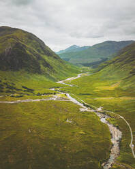 Aerial view of Glen Etive road, Scottish Highlands, Scotland, United Kingdom. - AAEF16898