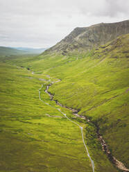 Aerial view of Glen Etive road, Scottish Highlands, Scotland, United Kingdom. - AAEF16899