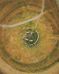 Aerial view of the famous Stonehenge rock sculpture at sunset, England, United Kingdom. - AAEF16932