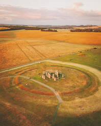 Aerial view of the famous Stonehenge rock sculpture at sunset, England, United Kingdom. - AAEF16936