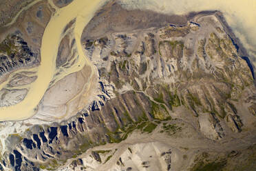 Aerial view of a river estuary flowing into the ocean, Sermersooq, Greenland. - AAEF17052