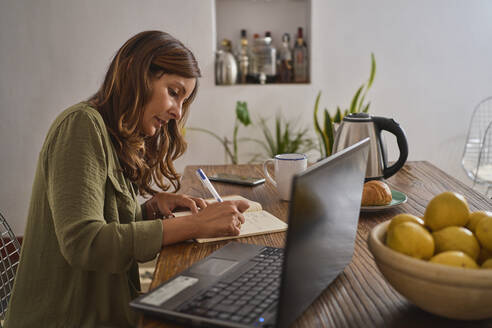 Seitenansicht einer hispanischen Frau mittleren Alters, die in der Nähe von Brötchen und einer Tasse Heißgetränk Daten in einen Planer schreibt, während sie mit einem Laptop am Tisch sitzt und an einem Fernprojekt zu Hause arbeitet - ADSF41517