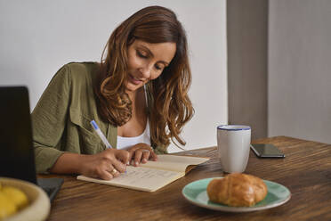 Focused middle aged Hispanic woman writing down data in planner near bun and cup of hot drink while sitting at table working on remote project at home - ADSF41518