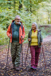 Glückliches älteres Paar beim Wandern in der herbstlichen Natur. - HPIF01314