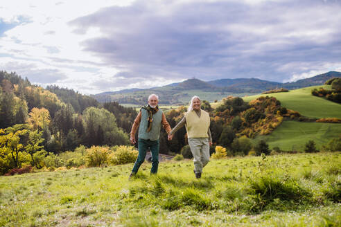 Happy senior couple walking in autumn nature. - HPIF01352