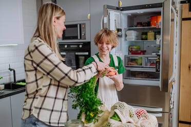Eine Mutter packt mit Hilfe ihrer Tochter in der heimischen Küche einheimische Lebensmittel in einer abfallfreien Verpackung aus einer Tüte aus. - HPIF01706