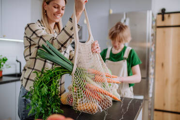 Eine Mutter, die ihre Einkäufe in einer Netztasche in die Küche bringt - ein abfallfreies und nachhaltiges Verpackungskonzept. - HPIF01713