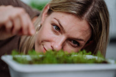 A woman looking at pot with cress growing from seed at home. - HPIF01853