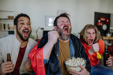 Glückliche deutsche Fußballfans, die zu Hause einen Fußball anschauen und feiern. - HPIF02104