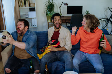 Happy German football fans friends watching a football at home and celebrating. - HPIF02111