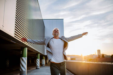 Ein Porträt von glücklichen energischen reifen Geschäftsmann mit ausgestreckten Armen Balancieren auf Wand, Gefühl frei, Work-Life-Balance-Konzept. - HPIF02526