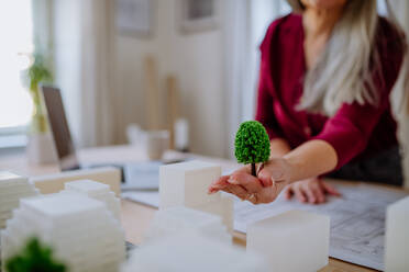 A close-up of senior women eco architects with model of modern bulidings and blueprints working together in office. - HPIF02592