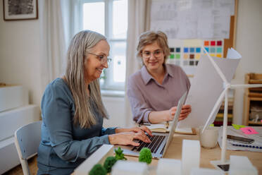 Ältere Ökoarchitektinnen arbeiten im Büro an einem Laptop mit den Bauplänen. - HPIF02618