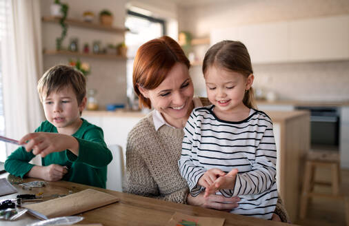 Eine Mutter von kleinen Kindern, die ihre Kinder bei den Hausaufgaben zu Hause beaufsichtigt. - HPIF03038