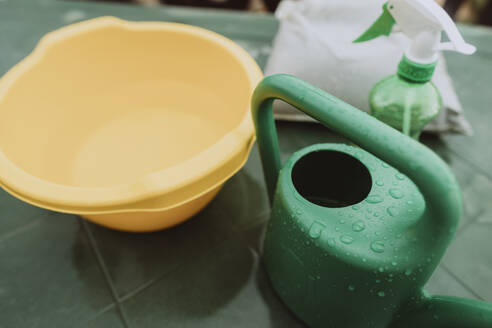 Collecting rainwater in a bowl and watering can - SIF00557