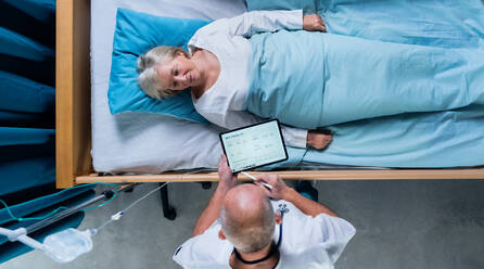 A top view of doctor with tablet examining patient in bed in hospital. Copy space. - HPIF03099