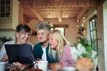 Happy senior friends women having fun and using a laptop indoors at home, coffee time. - HPIF03102