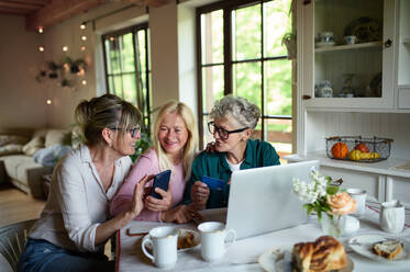 Fröhliche ältere Freunde, die zu Hause mit Laptop und Smartphone arbeiten, Kaffeezeit. - HPIF03106