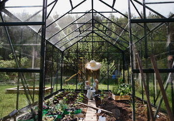 An unrecognizable senior woman watering plants in greenhouse at garden. - HPIF03131