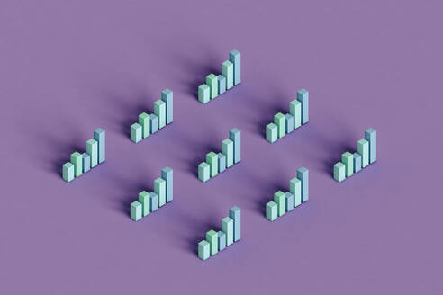 Dreidimensionale Darstellung von pastellfarbenen Balkendiagrammen vor lila Hintergrund - GCAF00213