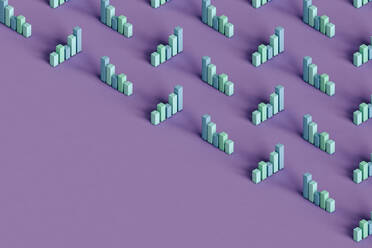 Dreidimensionale Darstellung von pastellfarbenen Balkendiagrammen vor lila Hintergrund - GCAF00215