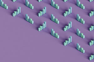 Three dimensional render of pastel colored bar graphs standing against purple background - GCAF00215