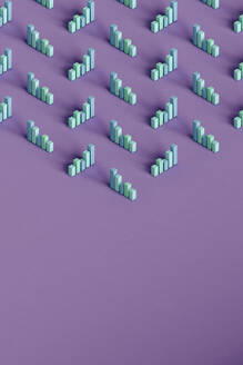 Dreidimensionale Darstellung von pastellfarbenen Balkendiagrammen vor lila Hintergrund - GCAF00218