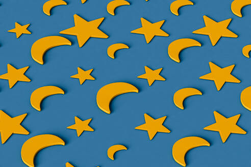 Dreidimensionales Muster aus Reihen von gelben Sternen und Halbmonden flach auf blauem Hintergrund gelegt - GCAF00220