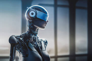 Side view portrait of a robot wearing virtual glasses looking away on blurred background - ADSF41540