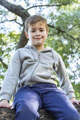 Positive boy in casual clothes sitting on fallen tree trunk and looking at camera on summer weekend day in park - ADSF41705