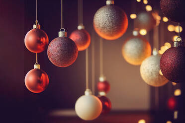 Front view of some golden Christmas balls hanging on an out of focus background - ADSF41760