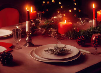 Von oben Tisch mit Tellern und Kerzen Weihnachtsdekoration auf rotem Tischtuch - ADSF41761
