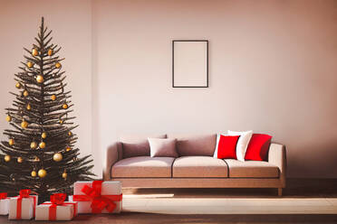 Front view of an interior with a Christmas tree next to some gifts and a sofa - ADSF41762