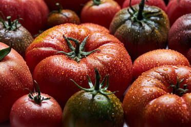 From above of appetizing fresh ripe tomatoes with drops of water with green leaves - ADSF41924