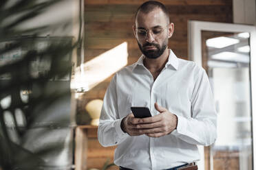 Businessman using smart phone in office - JOSEF15145